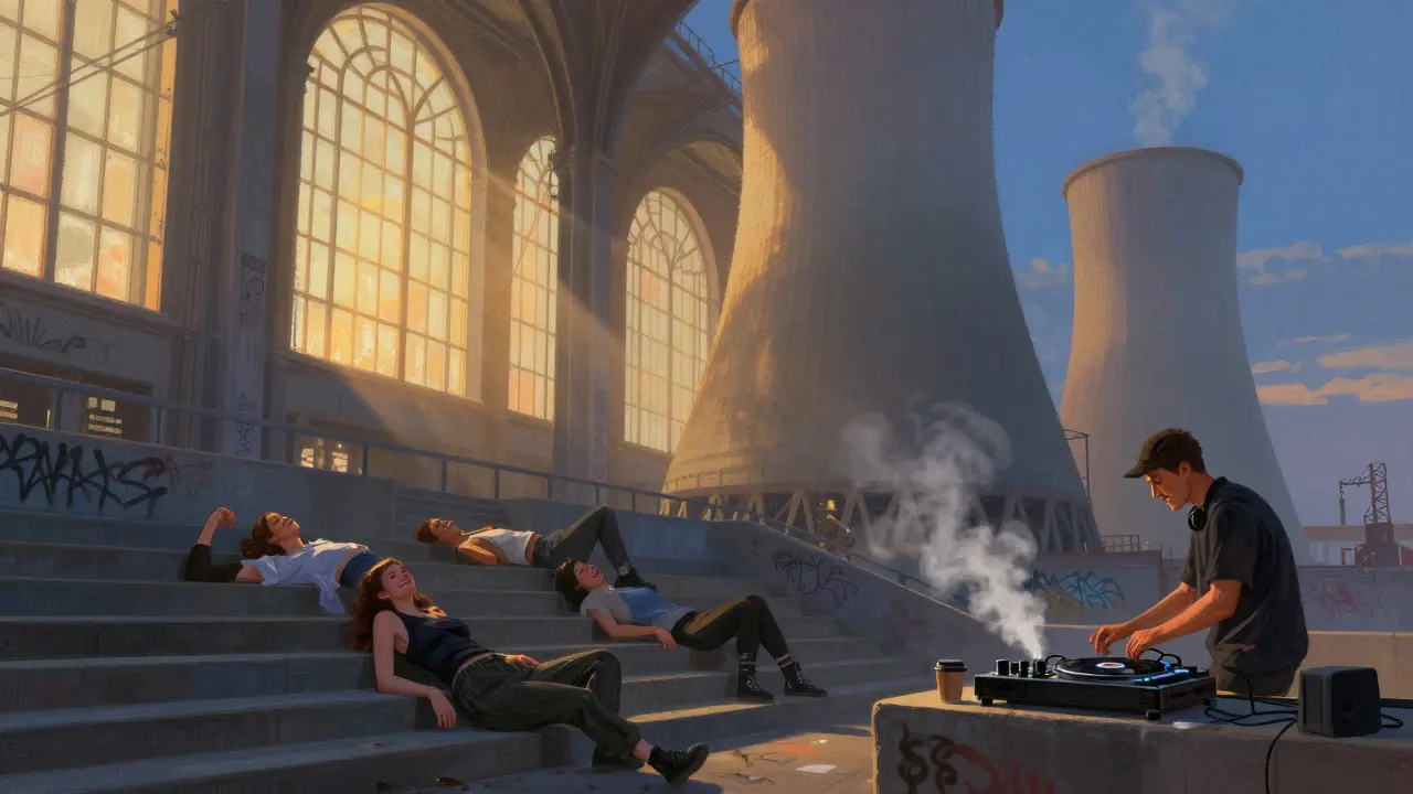 Dancers resting on stairs at dawn inside Muffatwerk, sunrise streaming through high windows as a DJ spins the last track.