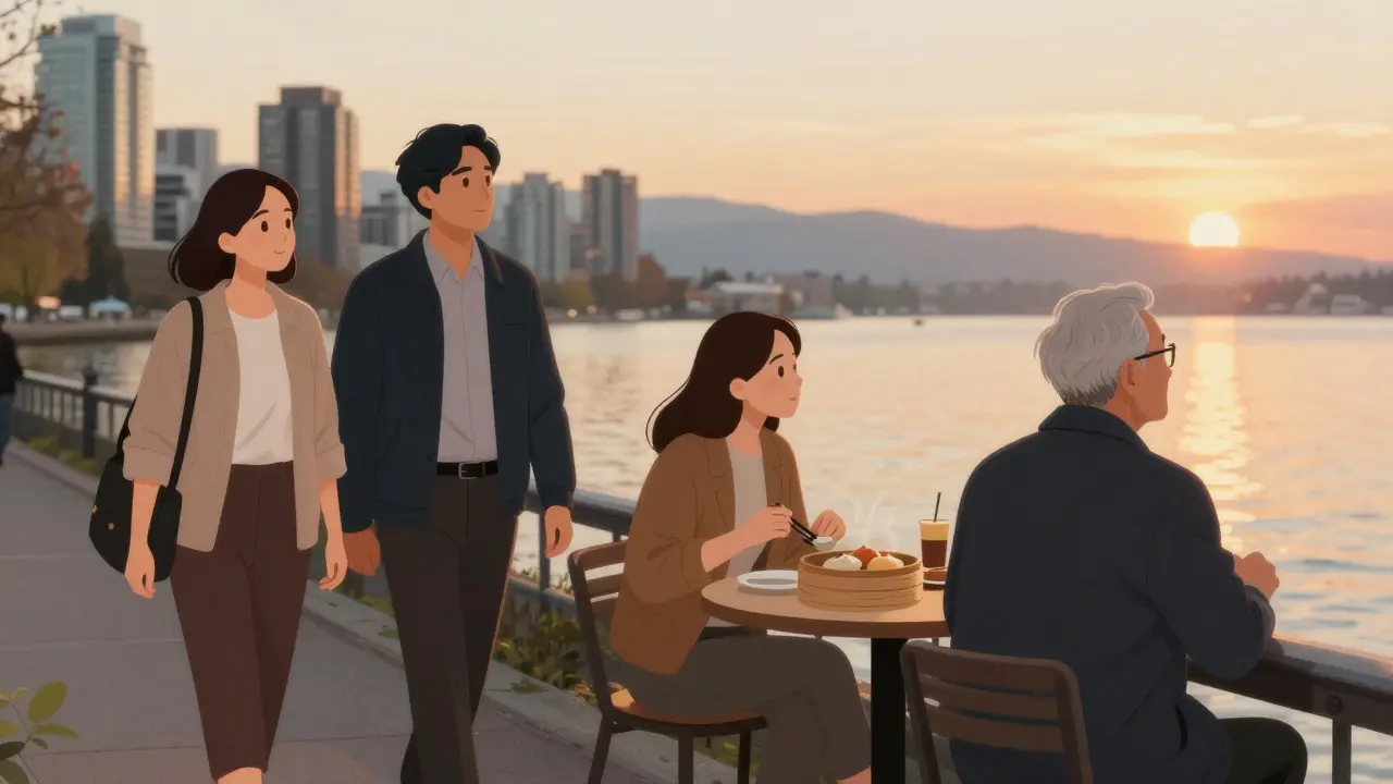 Diverse individuals in Vancouver enjoying quiet moments with companions: walking, dining, watching sunsets.