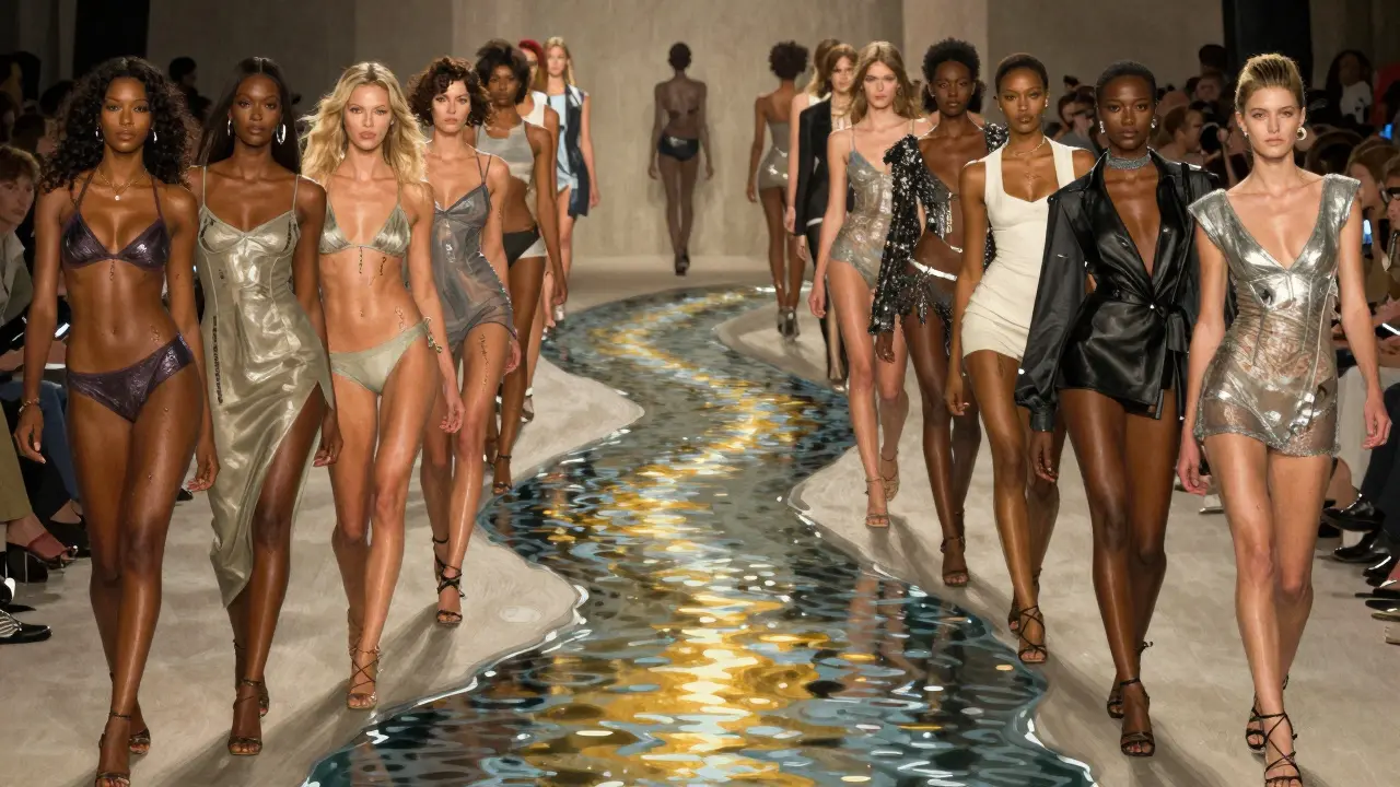 Diverse models walking on a runway that becomes a river, celebrating beauty in all forms across generations.