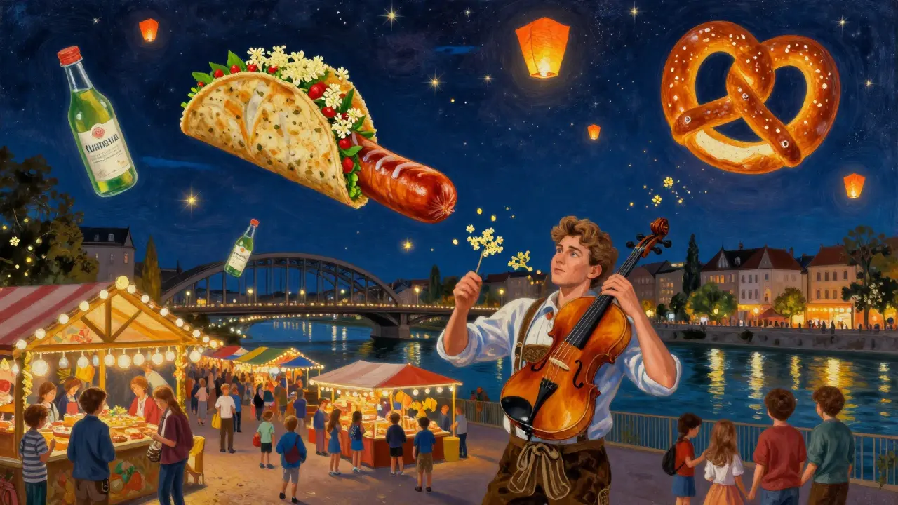 Fantastical scene of a Bavarian taco transforming mid-air, herbal elixirs floating like fireflies, and paper lanterns rising into a pretzel-shaped sky.