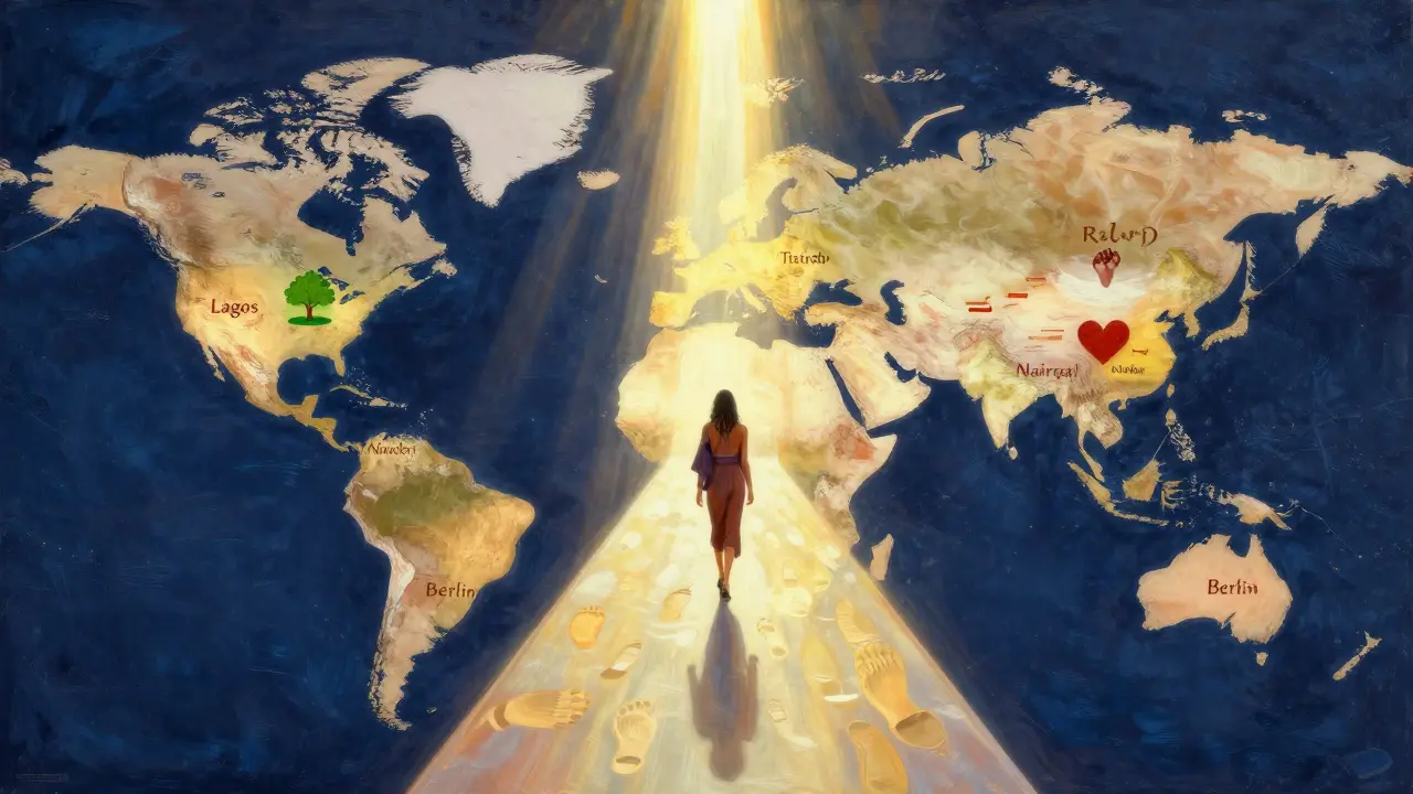 Glowing runway across a world map, with footprints symbolizing climate action, justice, and mental health.