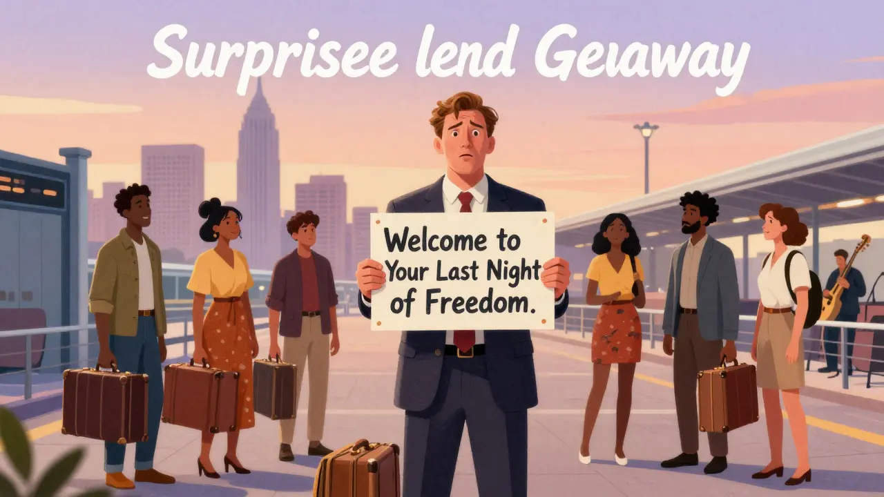 Groom surprised at airport with friends holding a welcome sign, New Orleans skyline in sunset glow.