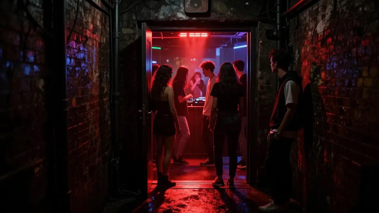 Group entering an underground club through an unmarked door in a dark alley.