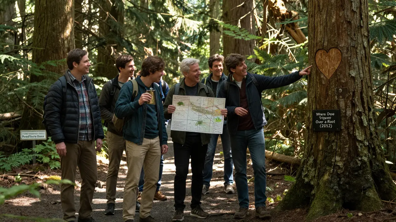 Men hiking a forest trail in North Vancouver following a personalized map with inside jokes.