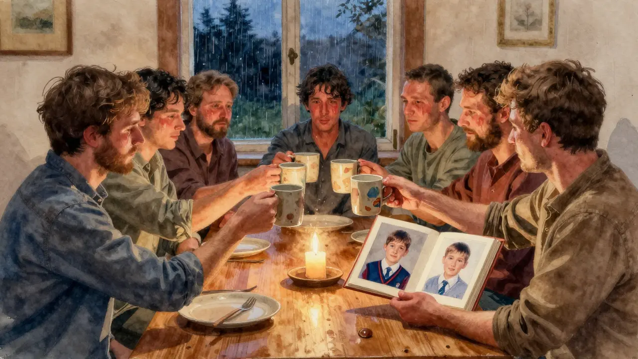 Men raising mugs in a quiet toast at dusk, holding a photo album, candlelight and rain outside.