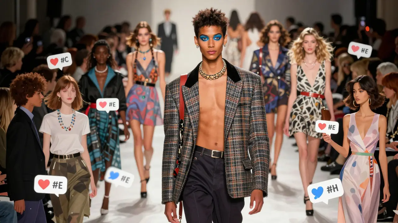 Non-binary model on a fashion runway surrounded by digital social media icons, with 90s supermodels fading in the background.