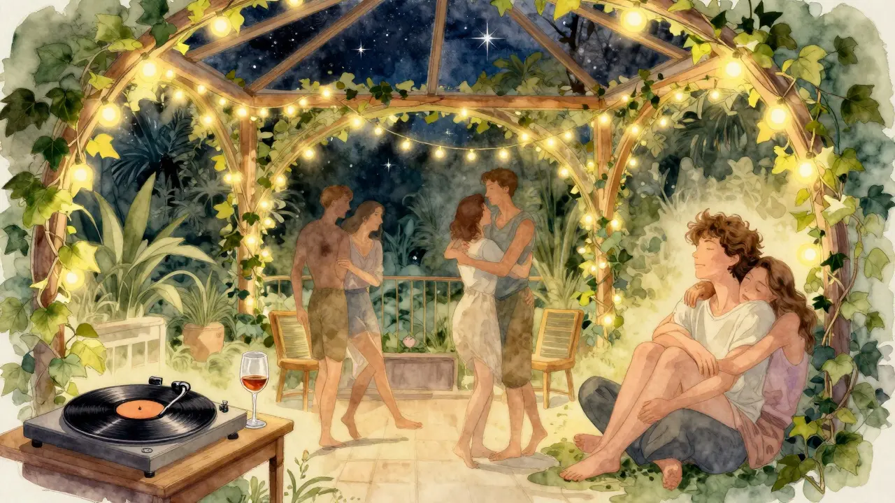 People dancing barefoot in the garden room at dawn, fairy lights and stars above.