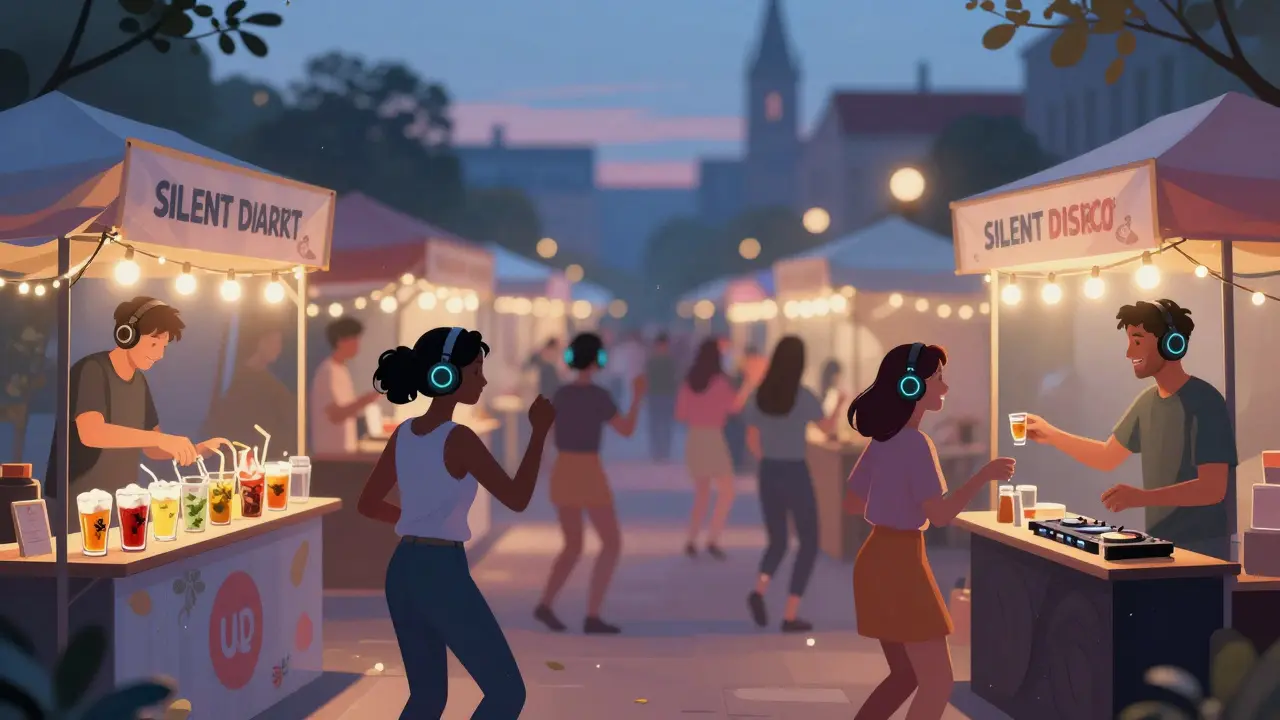 People dancing silently at a night market with wireless headphones, surrounded by food stalls and glowing fairy lights.
