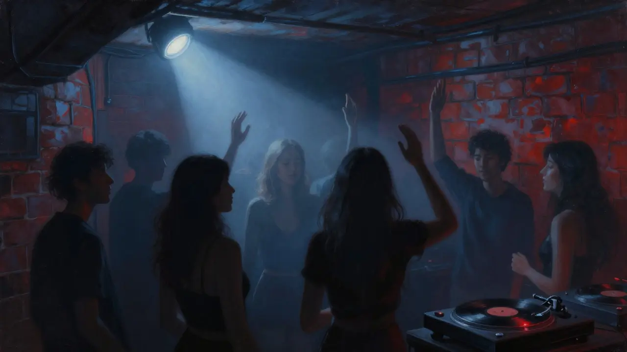 People lost in music in a dim underground techno club with fog and strobe lighting.