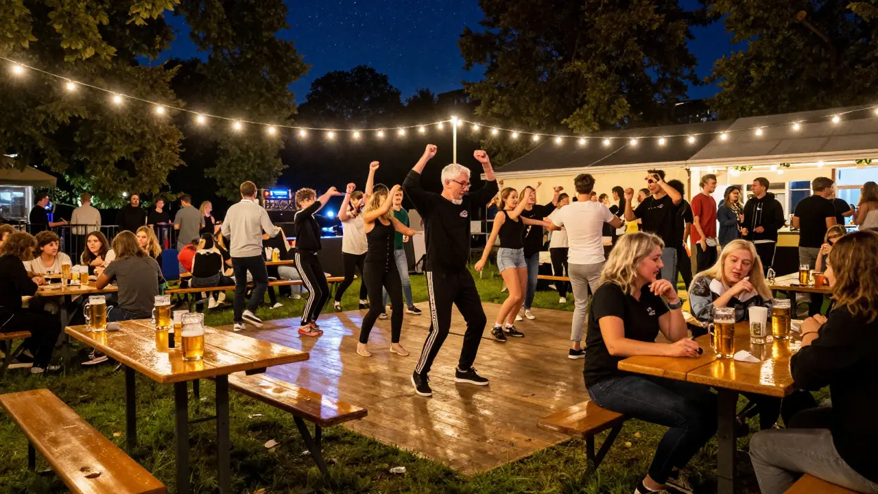 People of all ages dancing outdoors under string lights at a historic beer garden turned nightclub.