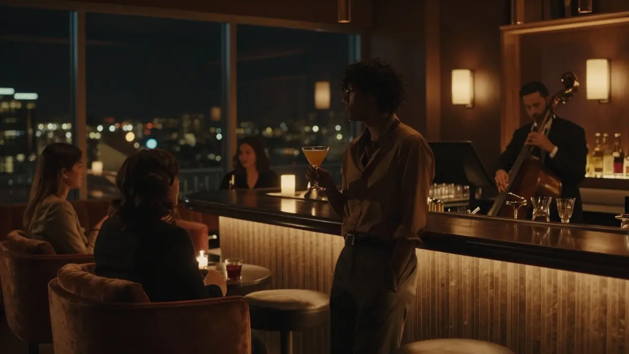 Person at a quiet lounge bar sipping a cocktail under warm lighting, surrounded by soft conversations.