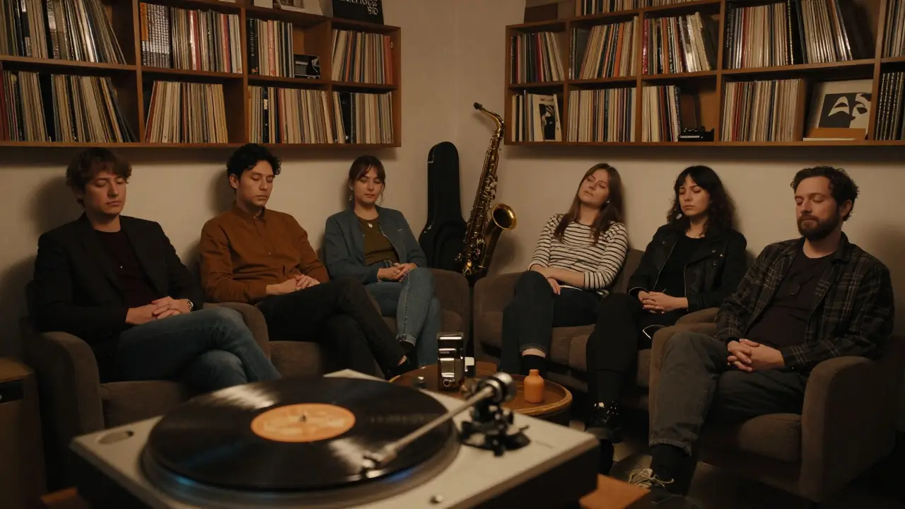 Silent listeners in a cozy jazz room with a vinyl record spinning under soft amber light.