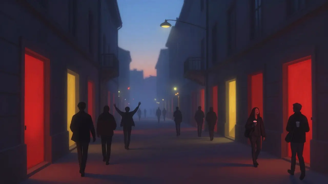 Silhouettes of people leaving clubs on Prinzregentenstrasse at 5 AM, sky turning from night to morning with soft blue light.