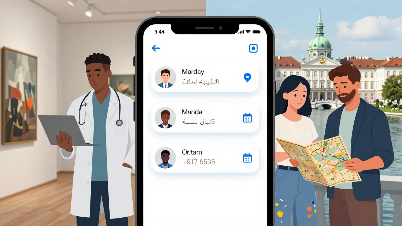 Smartphone screen showing verified escort profiles with language options and hourly rates in Munich.