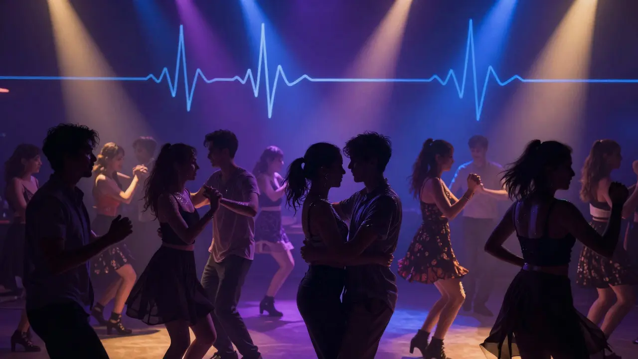Strangers smiling and dancing together on a pulsing dance floor under dynamic colored lights.