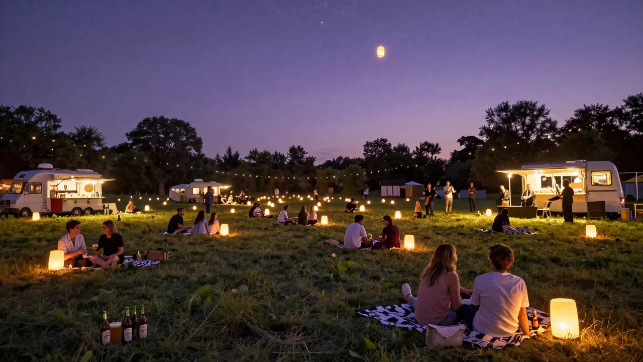 Summer night market on Theresienwiese with lanterns, couples on blankets, and live jazz under a starry sky.