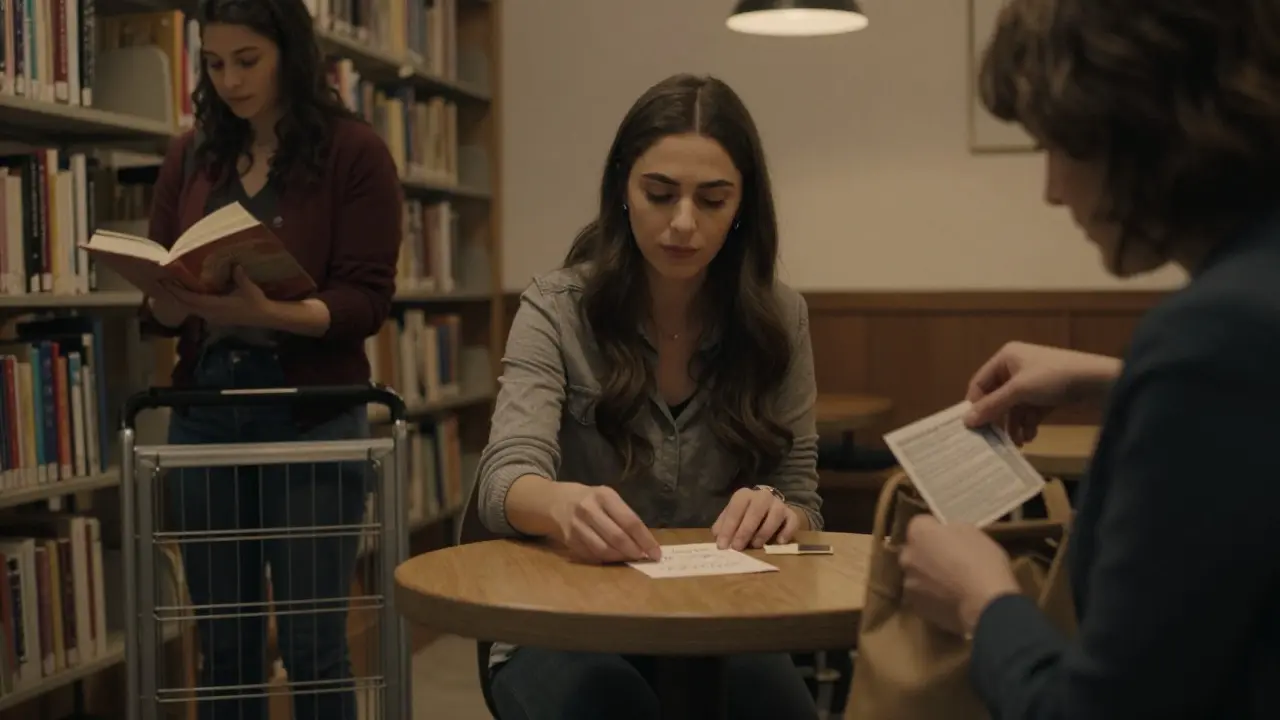 Three women silently connect through small, private acts at a library, café, and public space.
