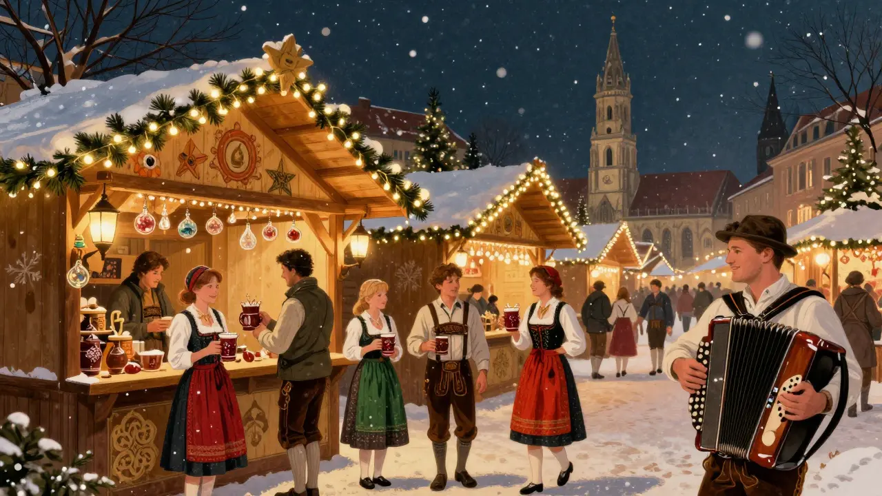 Traditional Christmas market at Marienplatz with glowing stalls, families drinking mulled wine, and snow falling softly.