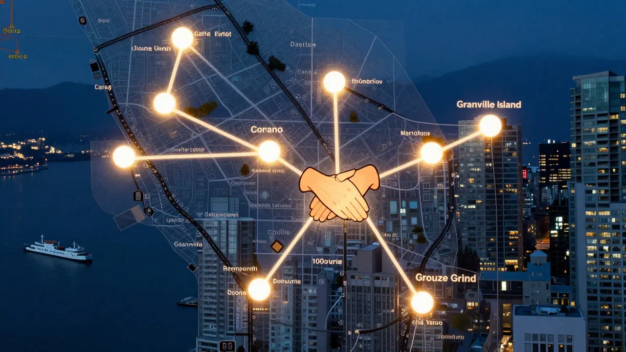 Transparent map of Vancouver with glowing paths linking public spaces, symbolizing safe, trusted companionship.