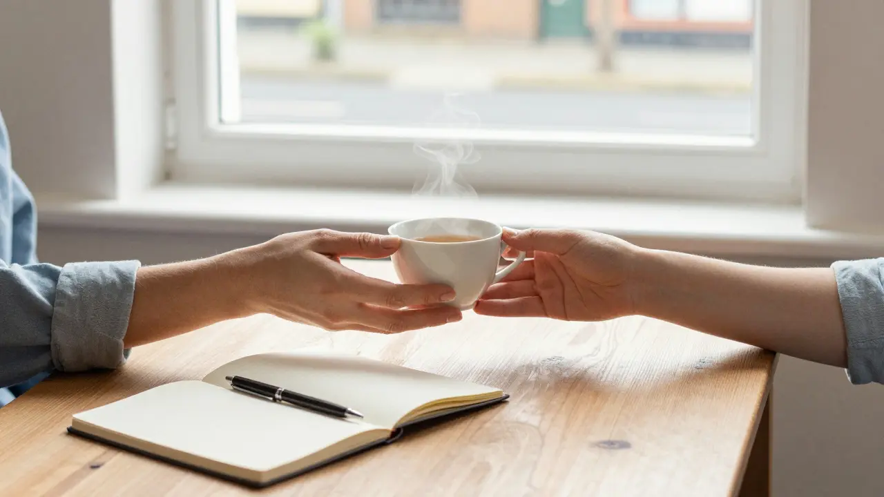 Two hands exchanging tea across a wooden table in a peaceful, faceless moment.