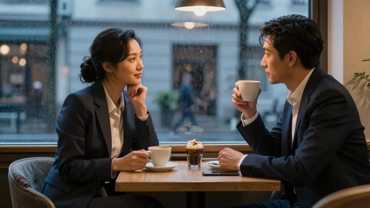Two people having a quiet, genuine conversation over coffee in a Munich café at twilight, rain on the window.
