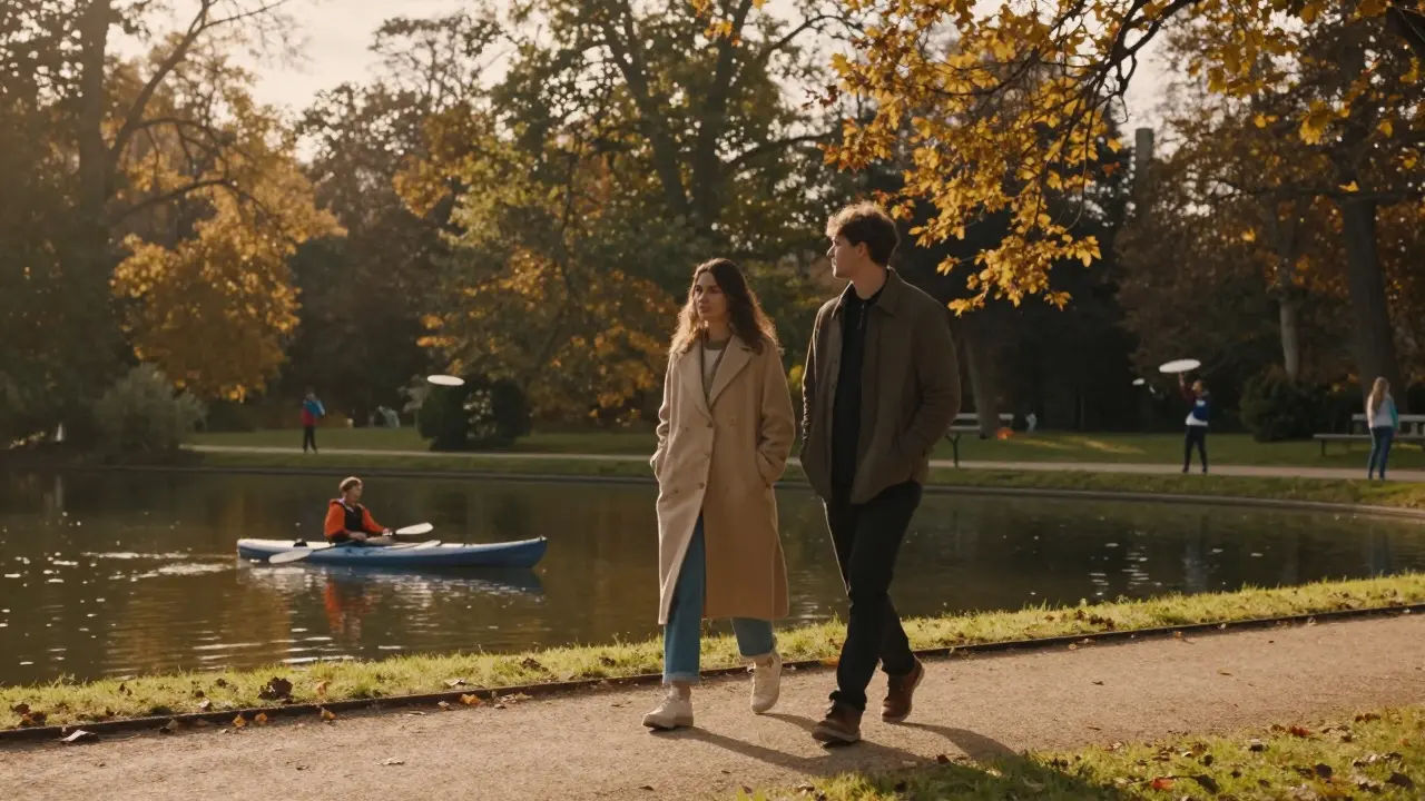 Two people walking peacefully along the Englischer Garten at golden hour, surrounded by trees and water.