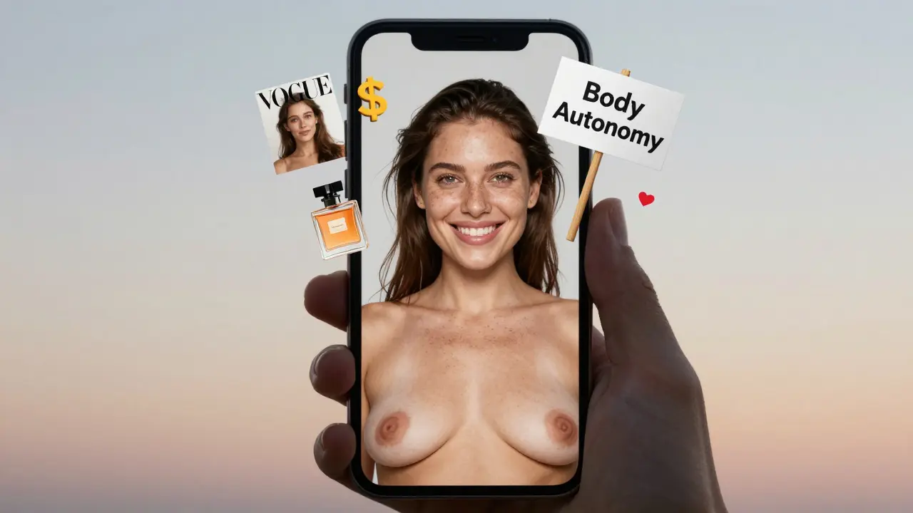 Unretouched selfie with floating symbols of fashion, influence, and self-acceptance.