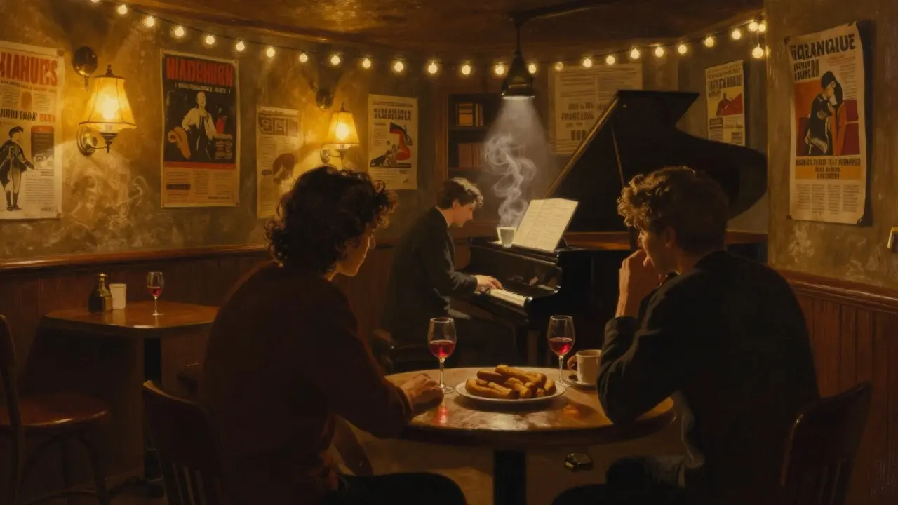 A couple enjoying wine and local food in a cozy, dimly lit jazz bar in Haidhausen.