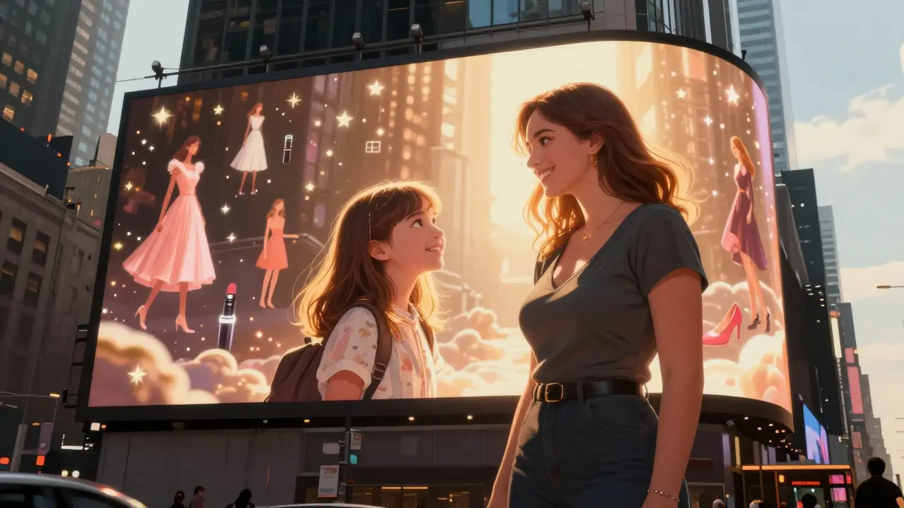A curvy woman on a billboard inspires a young girl in Times Square.