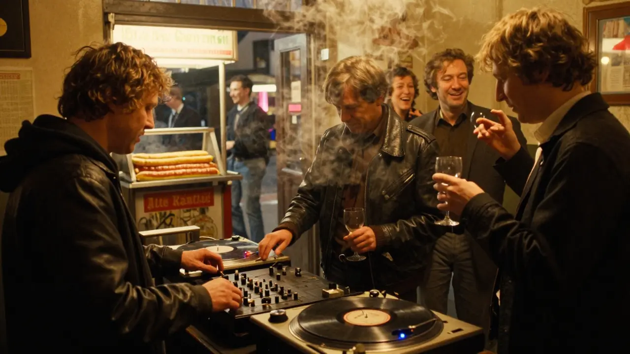 A DJ mixing vinyl at 2 a.m. in a neon-lit club, patrons dancing with food and drinks, wearing casual clothes, warm ambient lighting.