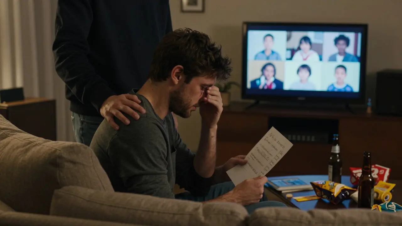 A groom holding a heartfelt letter while his best friend stands beside him in a cozy living room.