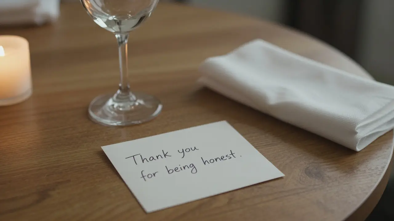 A handwritten thank-you note beside wine and a candle in a dimly lit hotel room, conveying quiet trust.