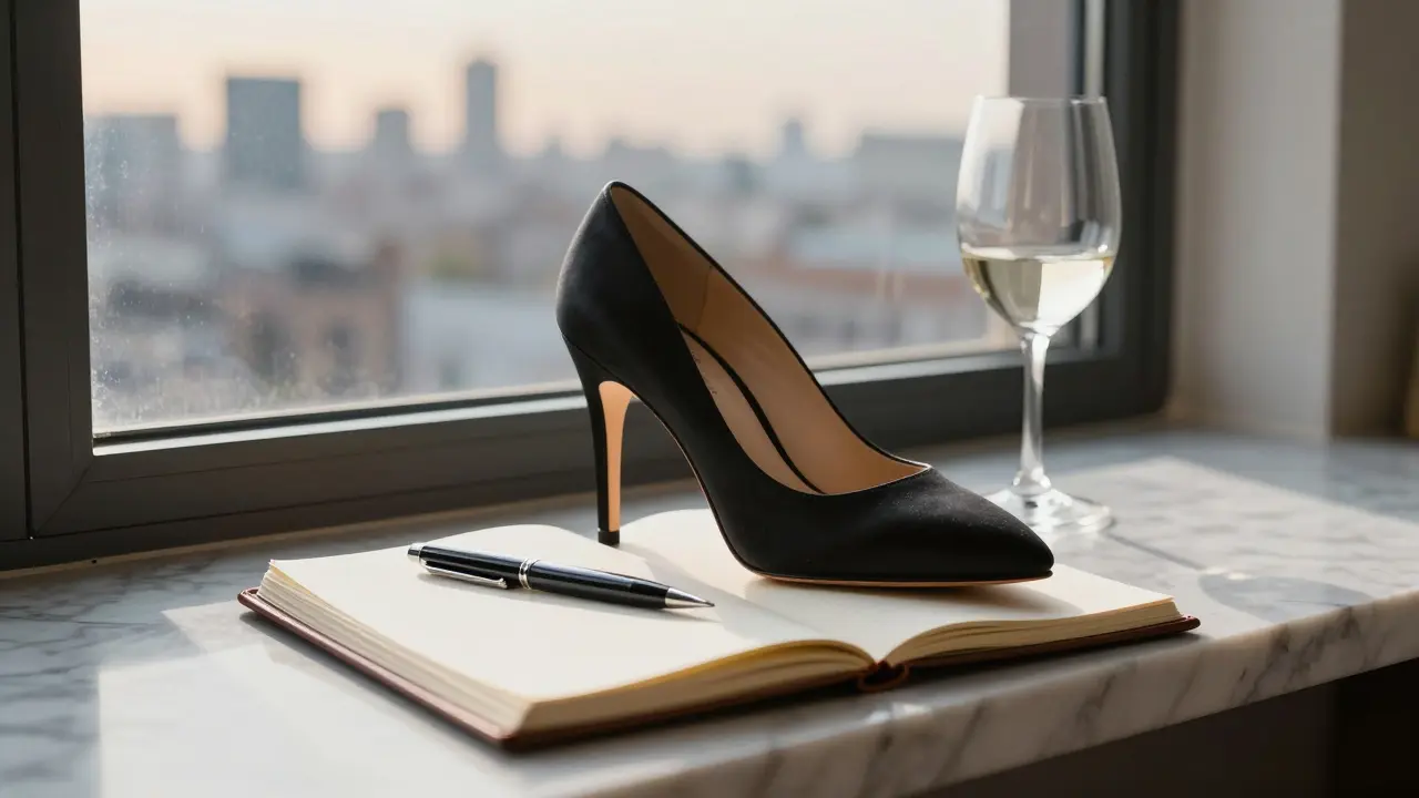 A high-heeled shoe and open notebook on a windowsill, symbolizing poised professionalism.