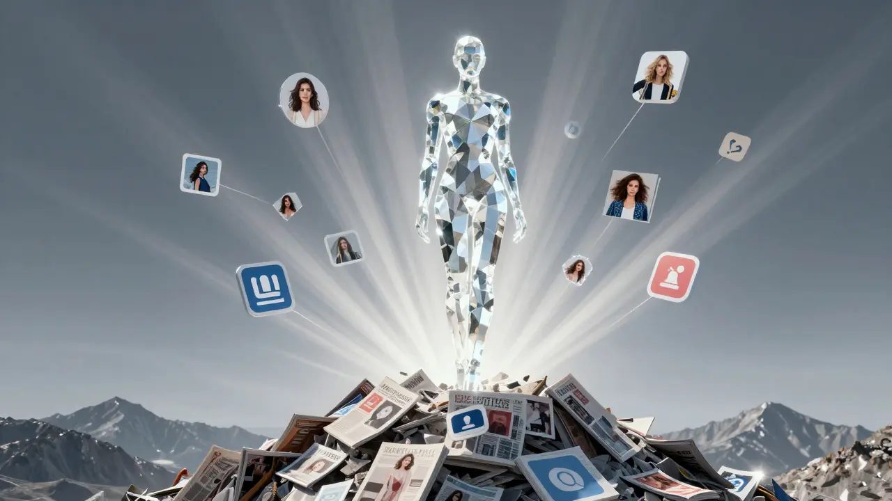 A luminous, crystal-like supermodel figure radiating light, symbolizing influence across fashion, activism, and business.