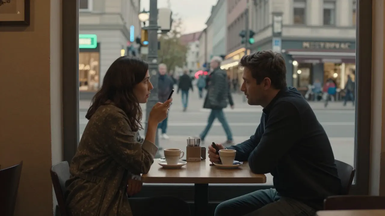 A man and woman having a quiet conversation over coffee in a busy Munich café at dusk, exuding respect and discretion.