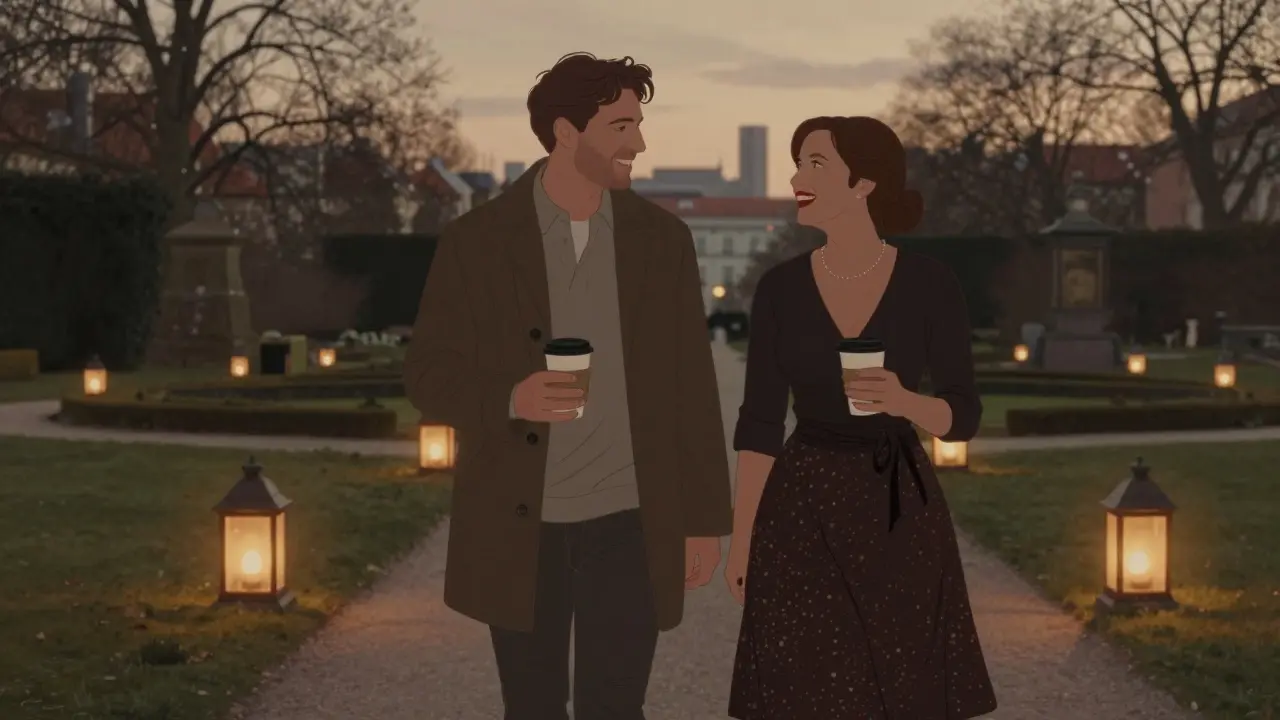 A man and woman walk peacefully through Munich's English Garden at dusk, chatting and enjoying coffee.