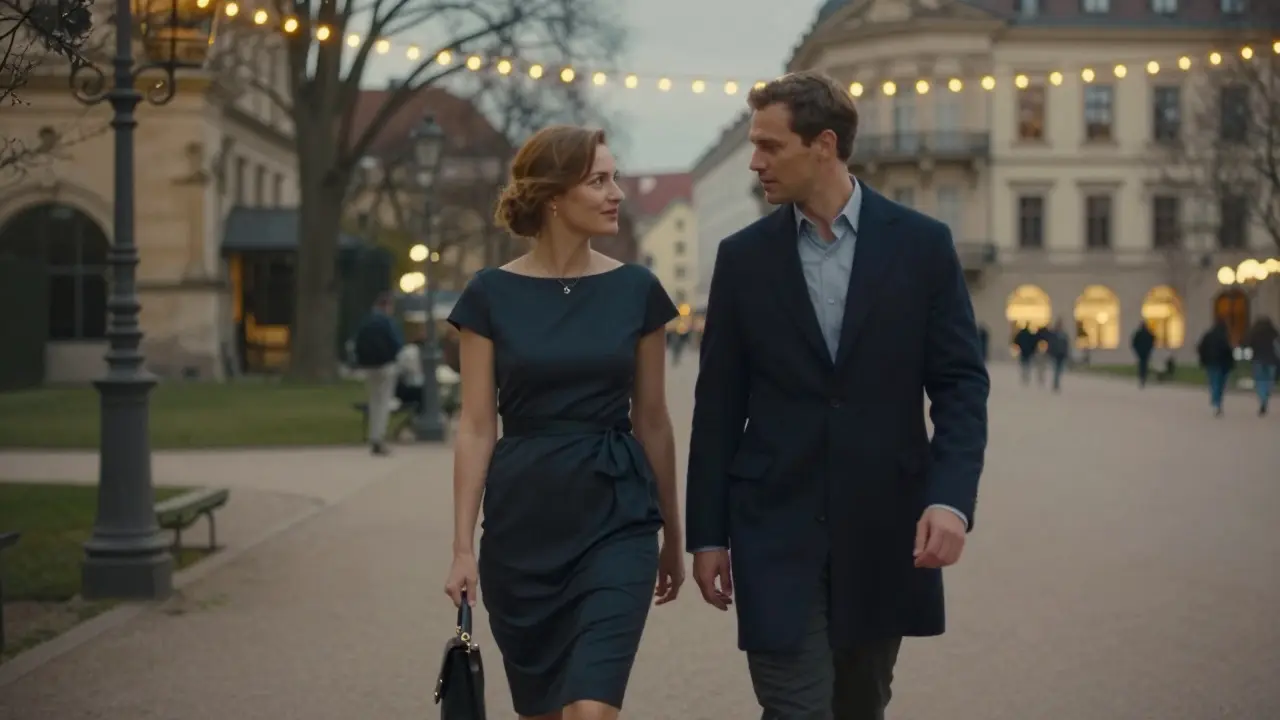 A man and woman walk quietly together in Munich's English Garden at dusk, dressed elegantly, conversing.
