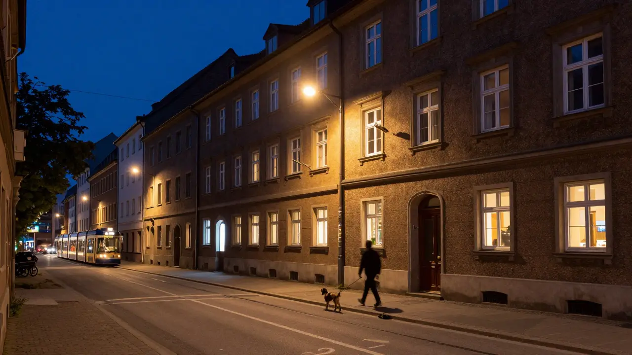 A quiet residential street in Haidhausen, Munich, at night with a wellness center sign and soft streetlamp glow.