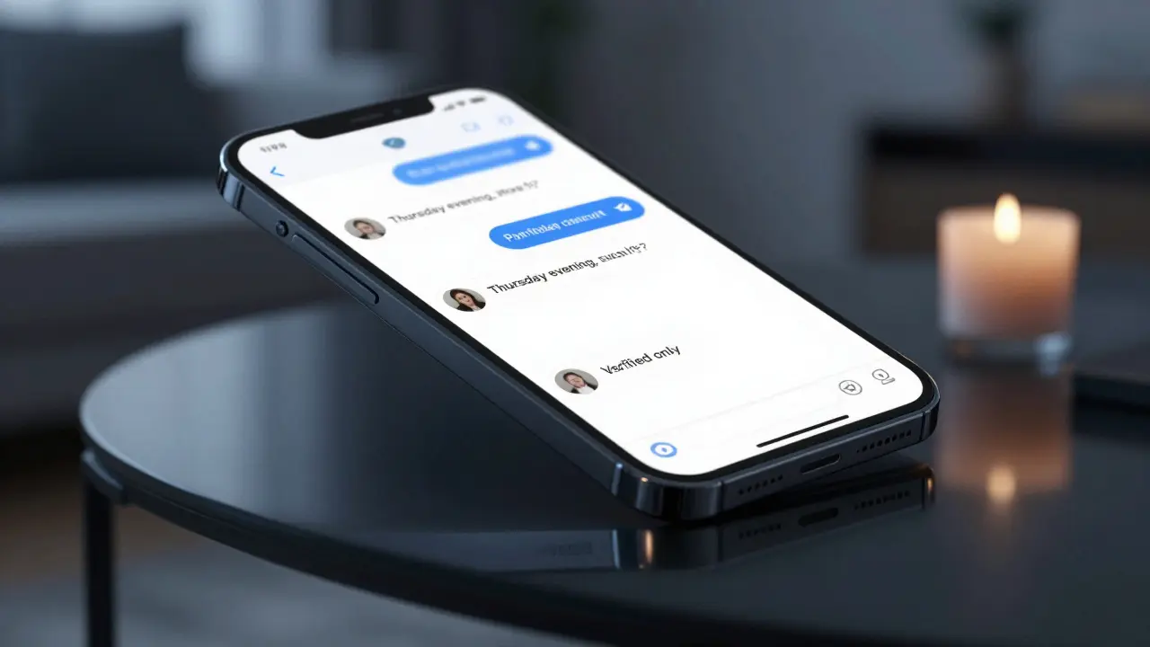 A smartphone screen shows encrypted messages with coded text about a Munich meeting, reflected on a wooden table.