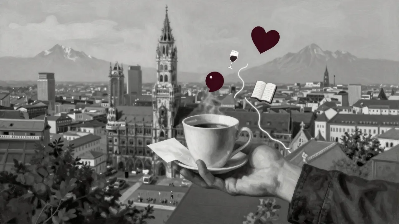 A symbolic reflection of companionship: an open hand holding coffee and a note, with abstract symbols floating around.