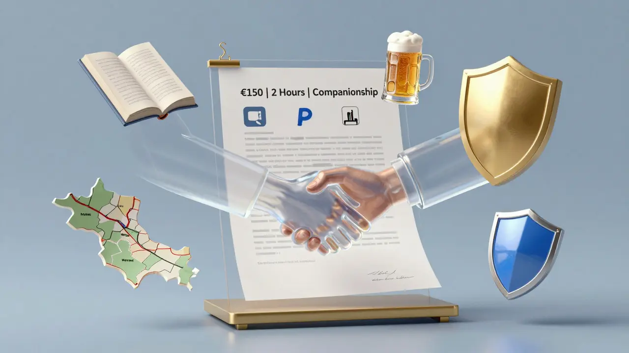 A transparent handshake hovers over a contract with escort service details, surrounded by symbols of safety and trust.