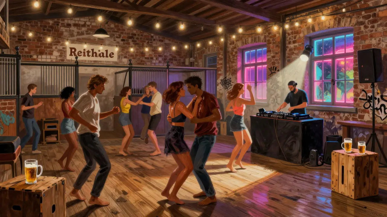 A warehouse club with dancers on wooden floors, vinyl turntables, and string lights, locals moving to live music in a raw, intimate space.