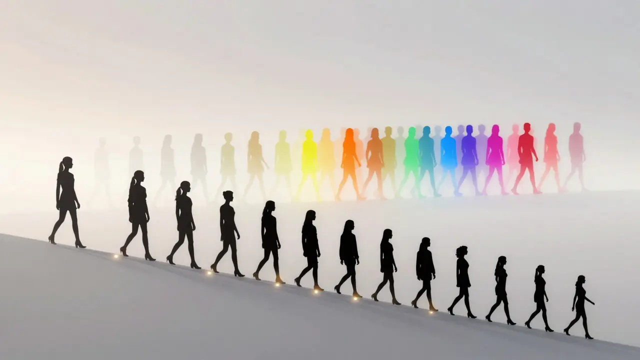 A widening runway formed by diverse body silhouettes stepping forward, traditional models fading away in abstract shapes.