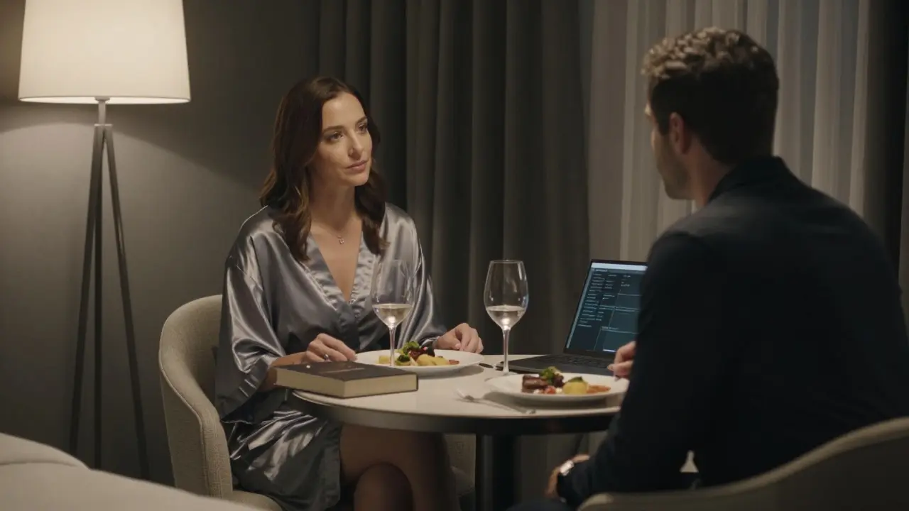A woman and man having a quiet, respectful conversation in a luxury hotel suite.