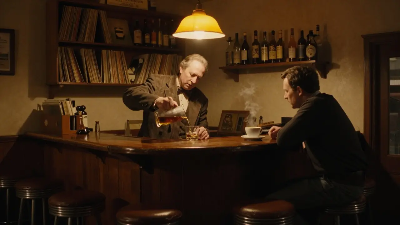 An elderly jazz musician pouring whiskey in a tiny, intimate bar with warm lamplight.