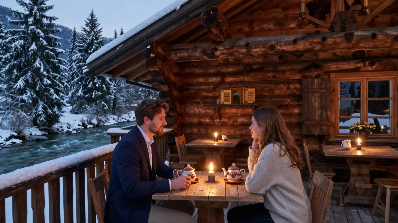 Couple sharing quiet conversation in a Bavarian chalet by the Isar River, no physical contact.