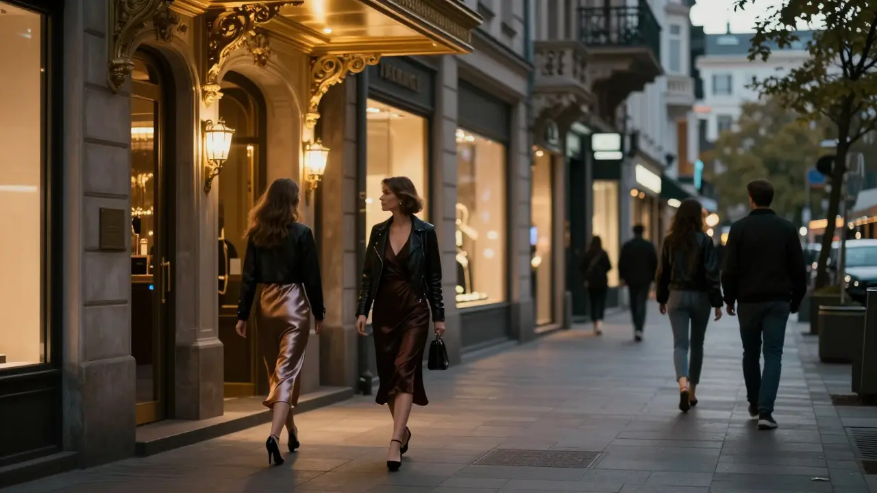 Elegant figures stroll under streetlights on a luxurious Munich avenue, evening light glinting on silk and leather.