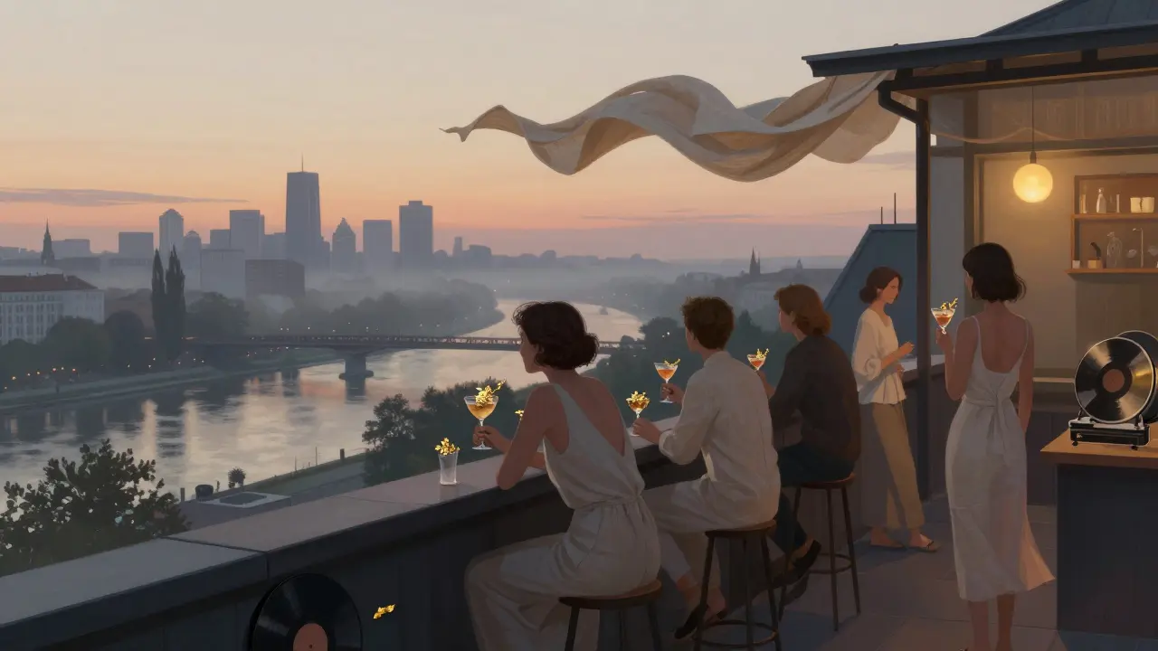 Elegantly dressed guests on Pacha Munich's rooftop terrace at dawn, cocktails in hand, overlooking the Isar River.