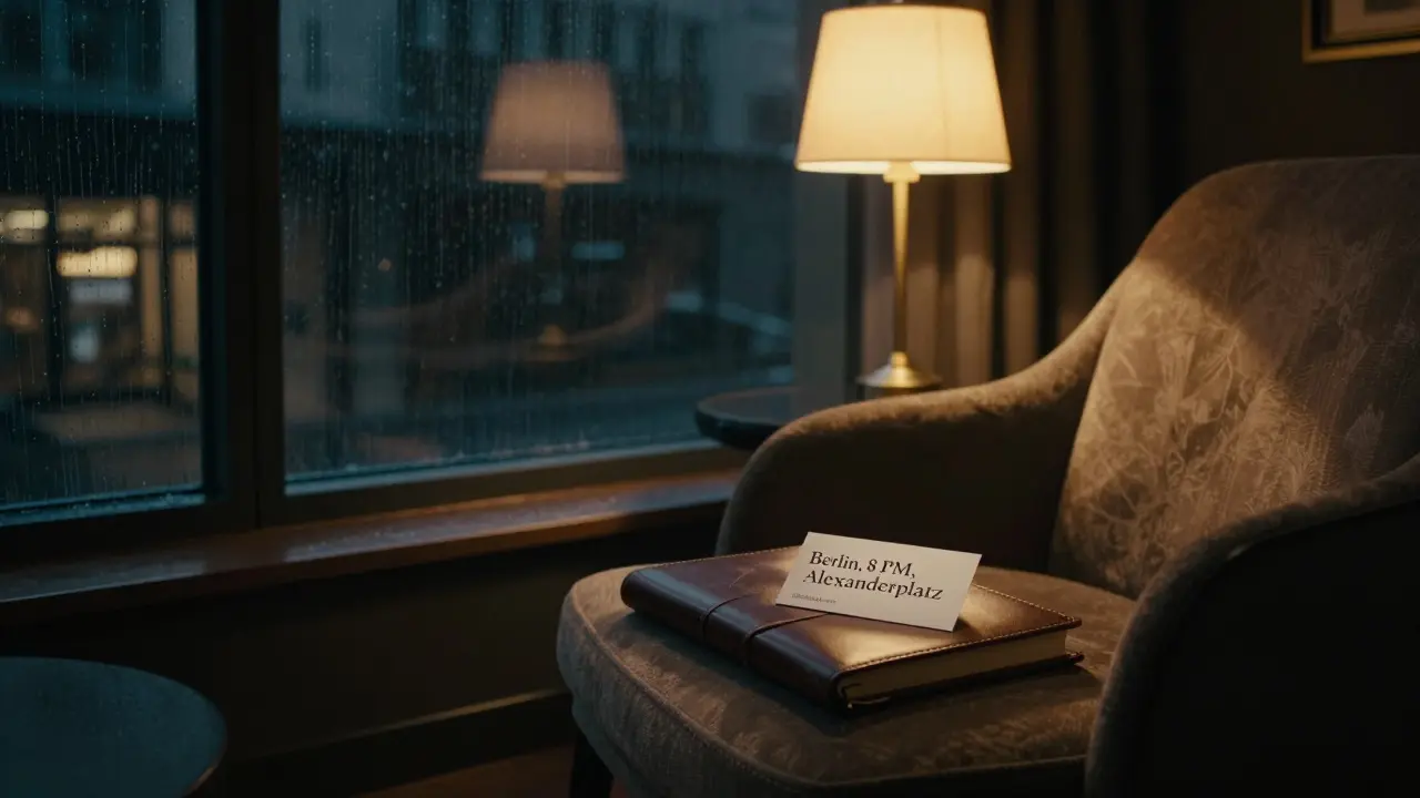 Empty hotel lobby with a notebook and business card left on a chair, suggesting a discreet, respectful meeting.