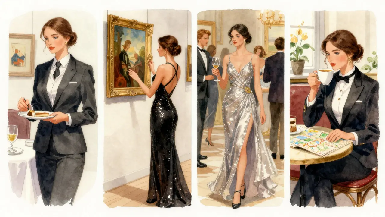 Four elegant professionals in different settings: business dinner, art gallery, gala, and café.